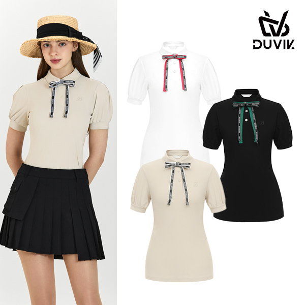듀빅 여성 리본 타이 퍼프 소매 반팔티셔츠 DF2WTS133