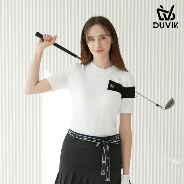 듀빅 여성 면블럭 라운드 반팔 스웨터 DC2WSW001WH