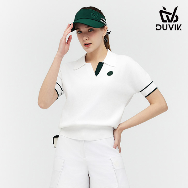 듀빅 여성 오버핏 오픈 카라 반팔스웨터 DF2WSW232WH