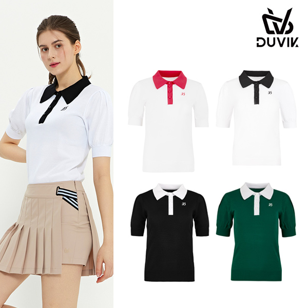 듀빅 여성 배색 와이드 카라 반팔 스웨터 DD2WSW202