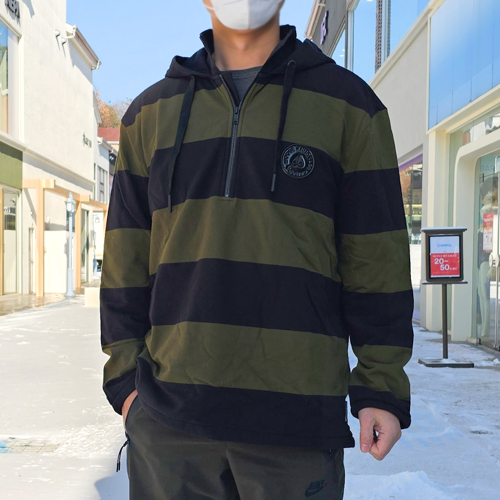 무스너클 스트라이프 코튼 남성 반집업 후드티 블랙카키 M32MT723 963 [여주아울렛]