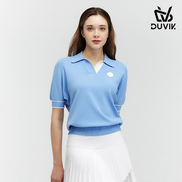 듀빅 여성 오버핏 오픈 카라 반팔스웨터 DF2WSW232BL