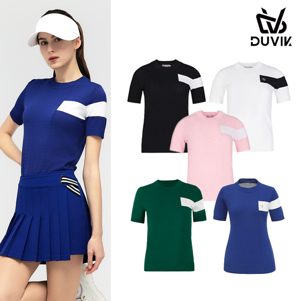 듀빅 여성 면블럭 라운드 니트 반팔스웨터 DC2WSW001