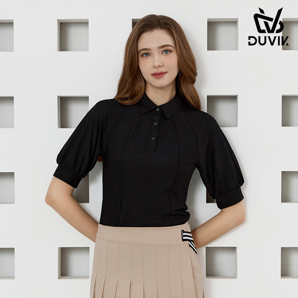 듀빅 여성 퍼프 소매 슬림핏 Y카라 티셔츠 DE2WTS122BK