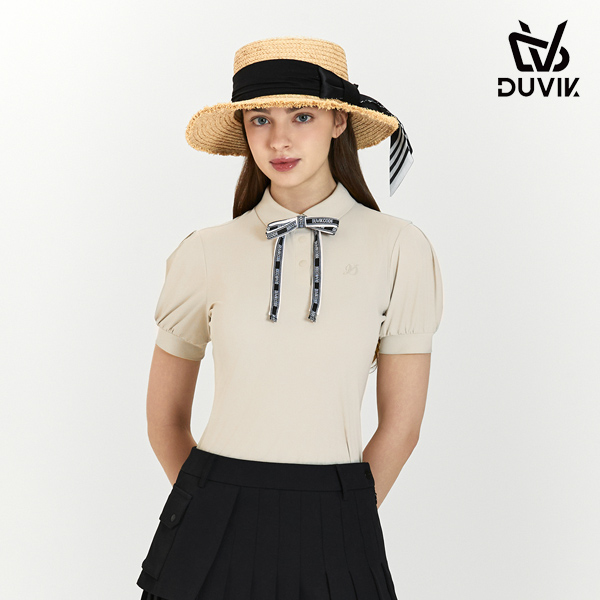 듀빅 여성 리본 타이 퍼프 소매 반팔티셔츠 DF2WTS133BG
