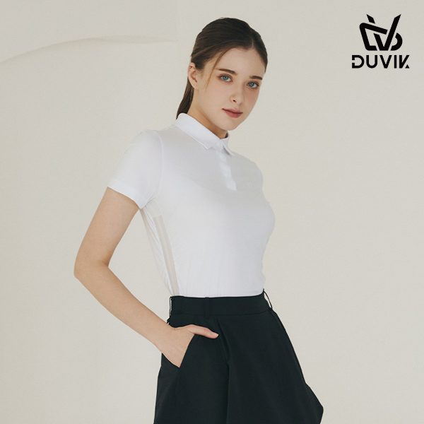 듀빅 여성 메쉬 셔링 Y카라 반팔티셔츠 DF2WTS134WH