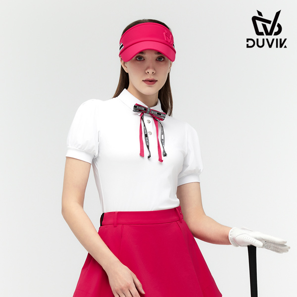 듀빅 여성 리본 타이 퍼프 소매 반팔티셔츠 DF2WTS133WH